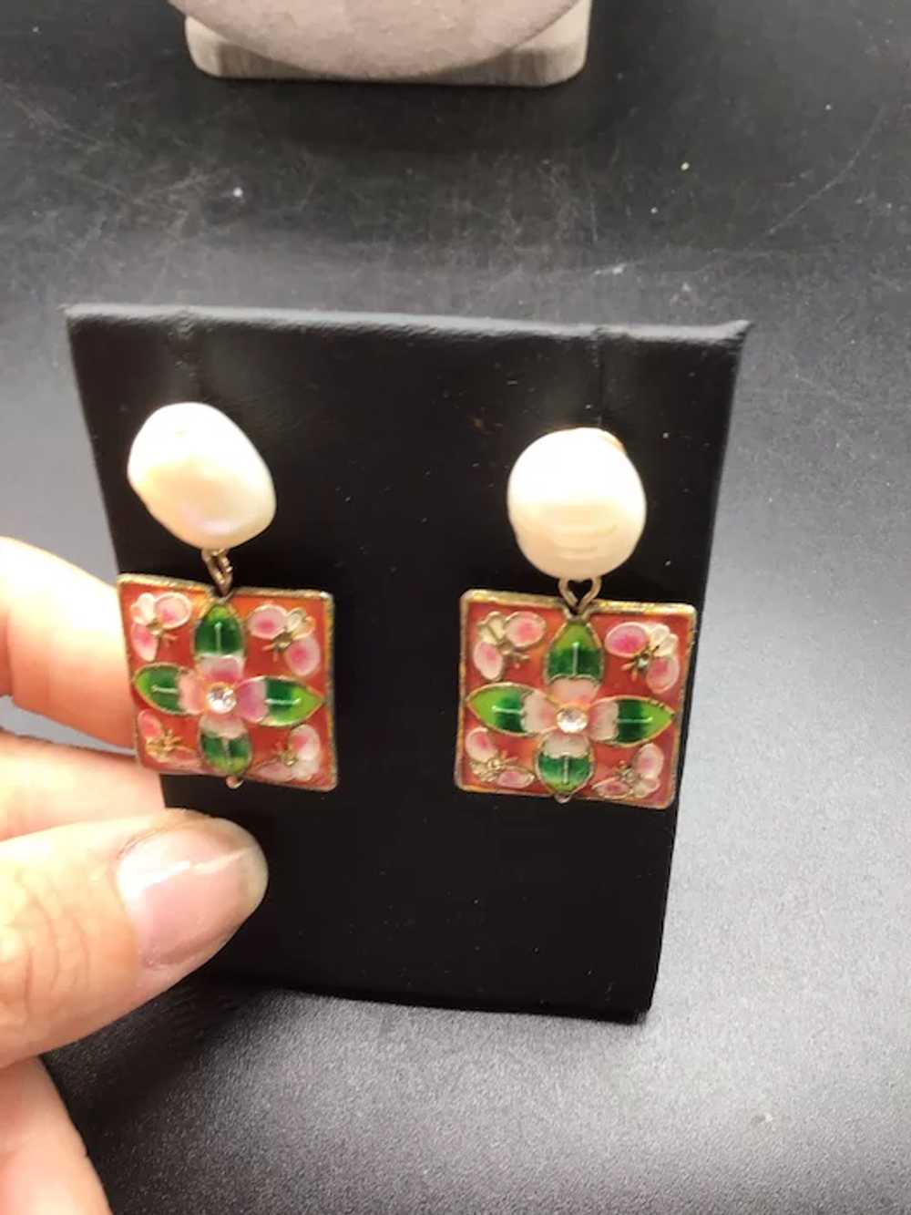 Pearls Dangle Earrings Cloisonne Enameled Square … - image 4