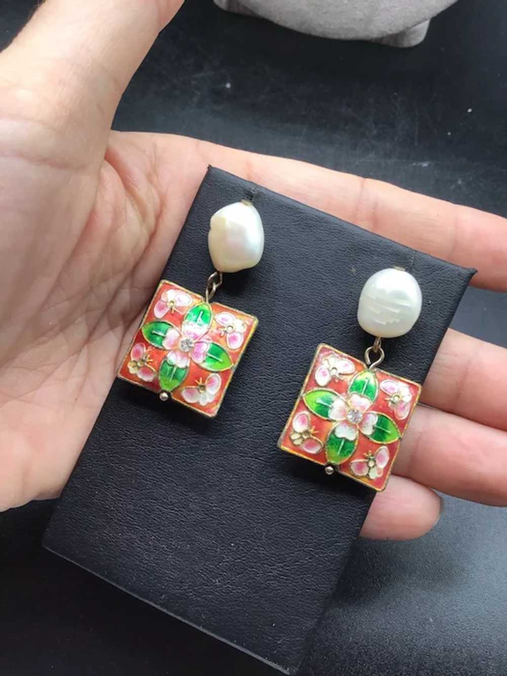 Pearls Dangle Earrings Cloisonne Enameled Square … - image 5