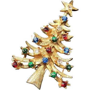 LJR Signed Christmas Brooch Jeweled Xmas Tree Hol… - image 1