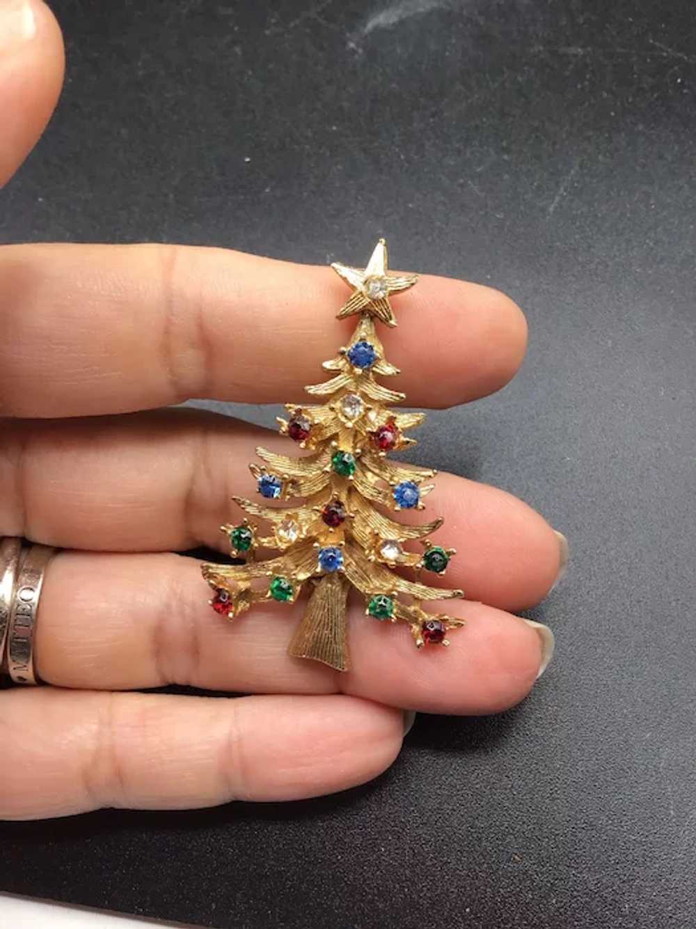 LJR Signed Christmas Brooch Jeweled Xmas Tree Hol… - image 2