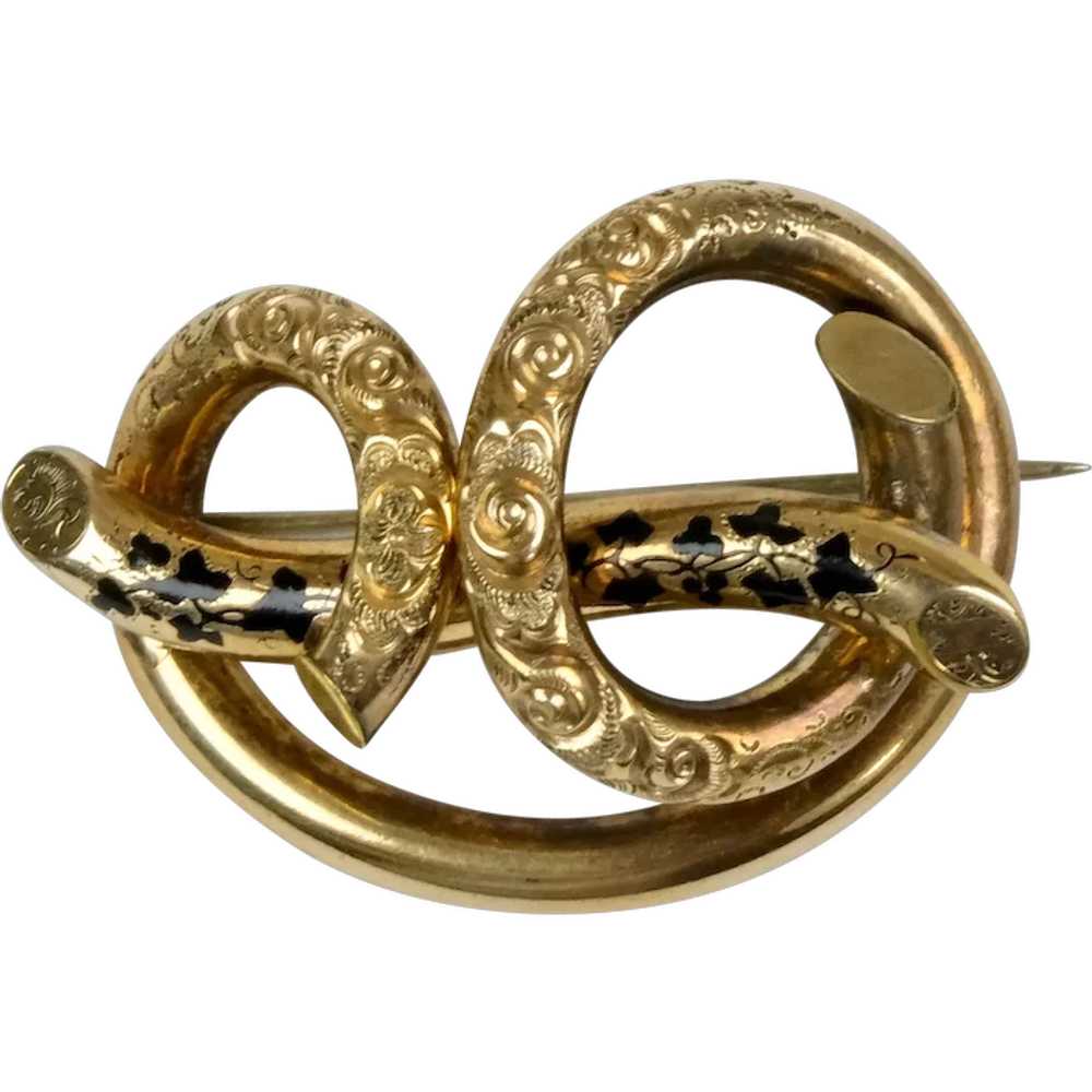 Victorian Gold Chased Love Knot Enamel Brooch - image 1