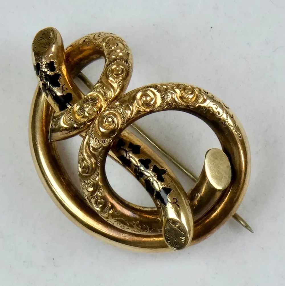 Victorian Gold Chased Love Knot Enamel Brooch - image 2