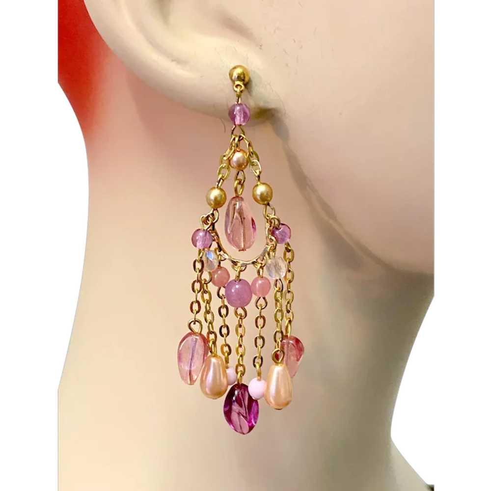 Pink Earrings, Glass Beads, Chains, Gold Metal, V… - image 1