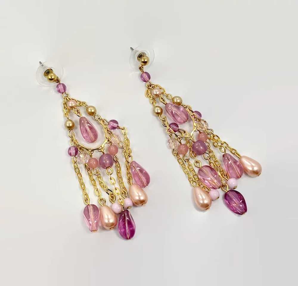 Pink Earrings, Glass Beads, Chains, Gold Metal, V… - image 2