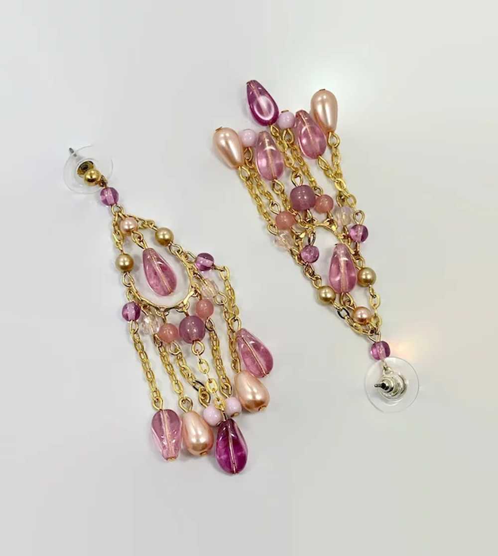 Pink Earrings, Glass Beads, Chains, Gold Metal, V… - image 3
