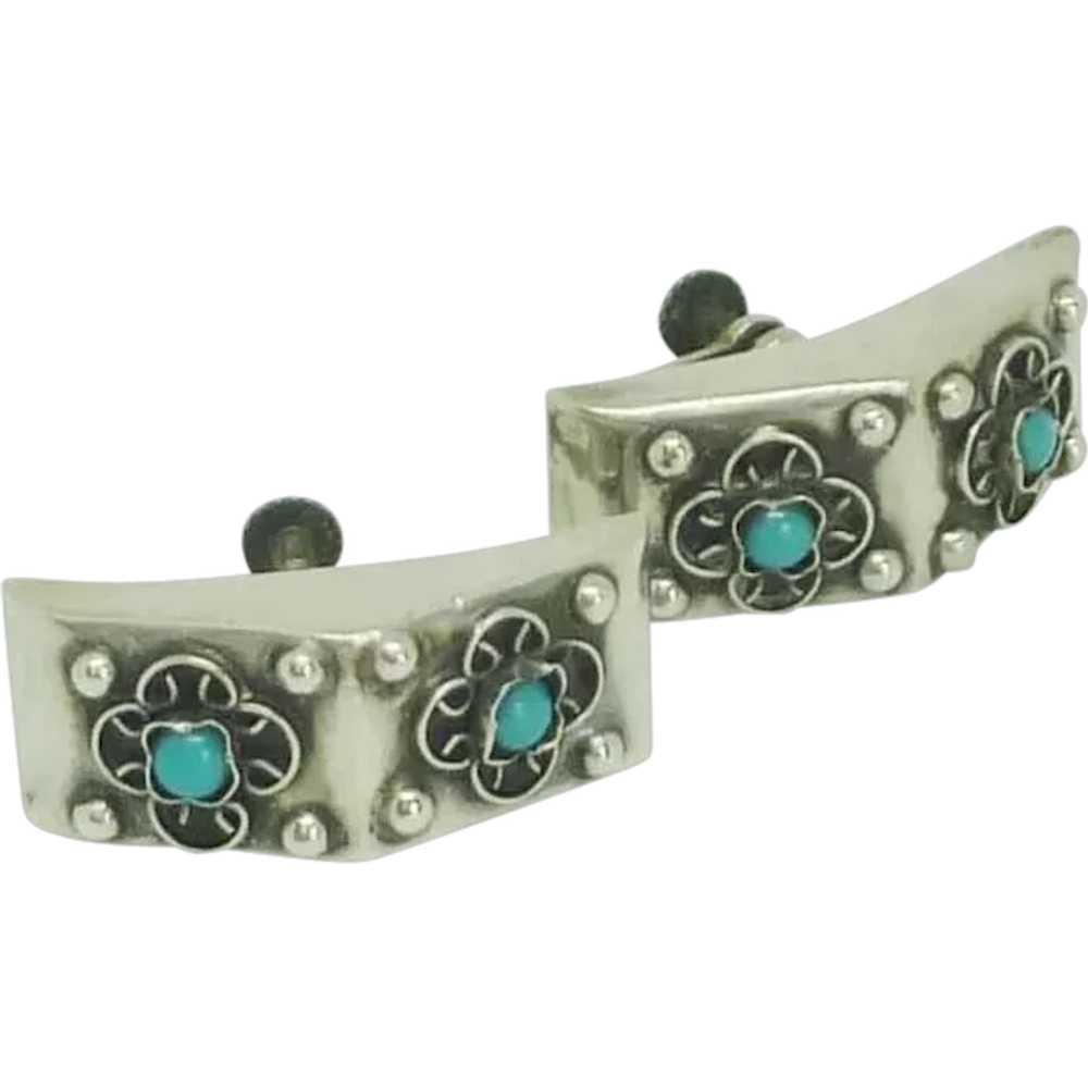 Sterling Silver Turquoise Stone Screw On Earrings - image 1