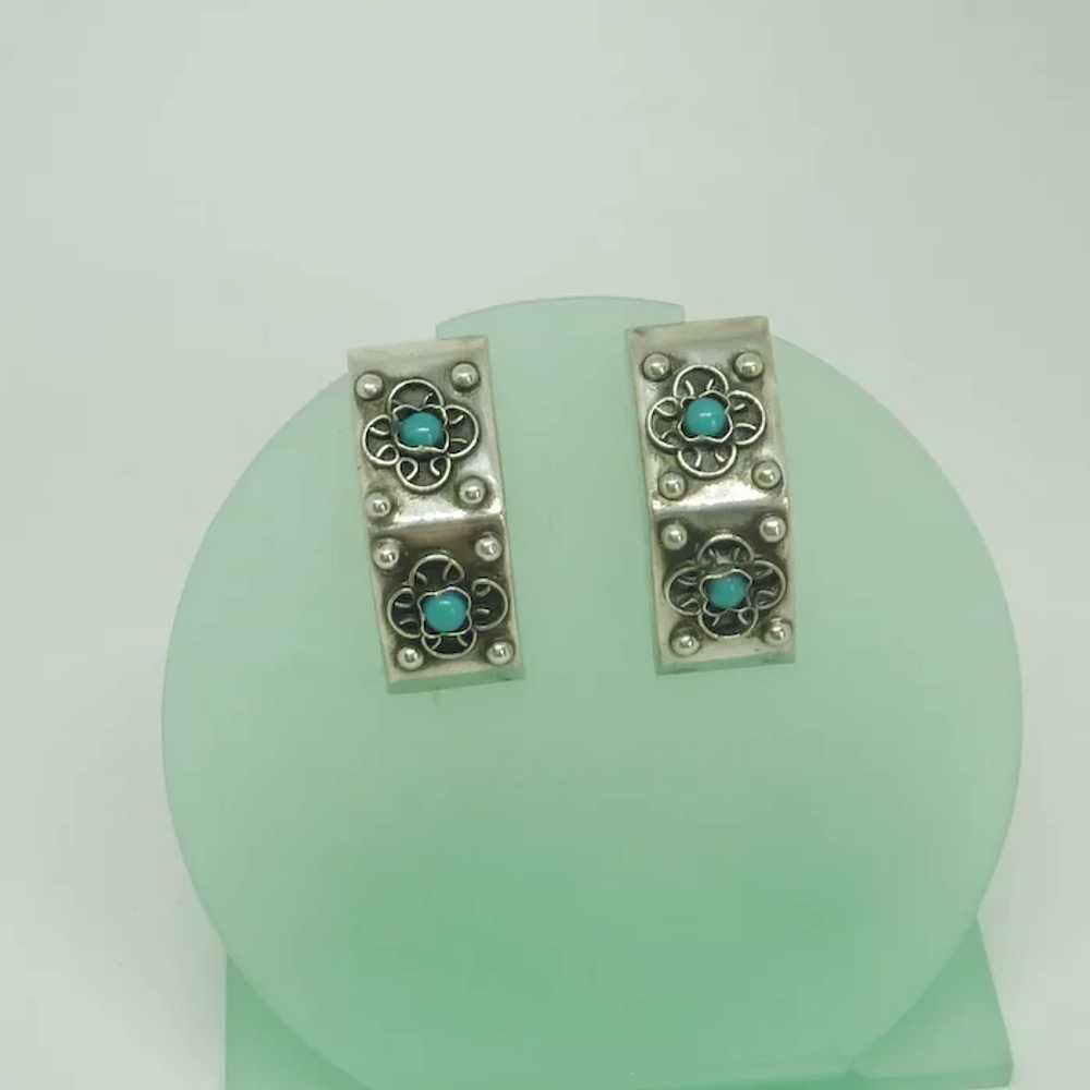 Sterling Silver Turquoise Stone Screw On Earrings - image 2