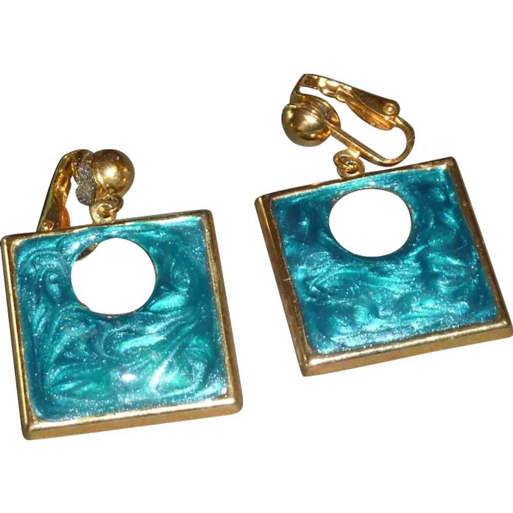 Aqua Square Dangle Light Weight Clip on Earrings - image 1