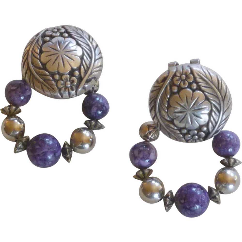 Two Silver Tone Earrings in One with Purple Bead … - image 1