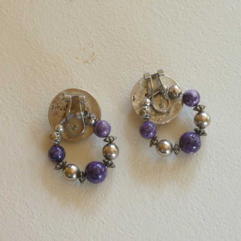 Two Silver Tone Earrings in One with Purple Bead … - image 2