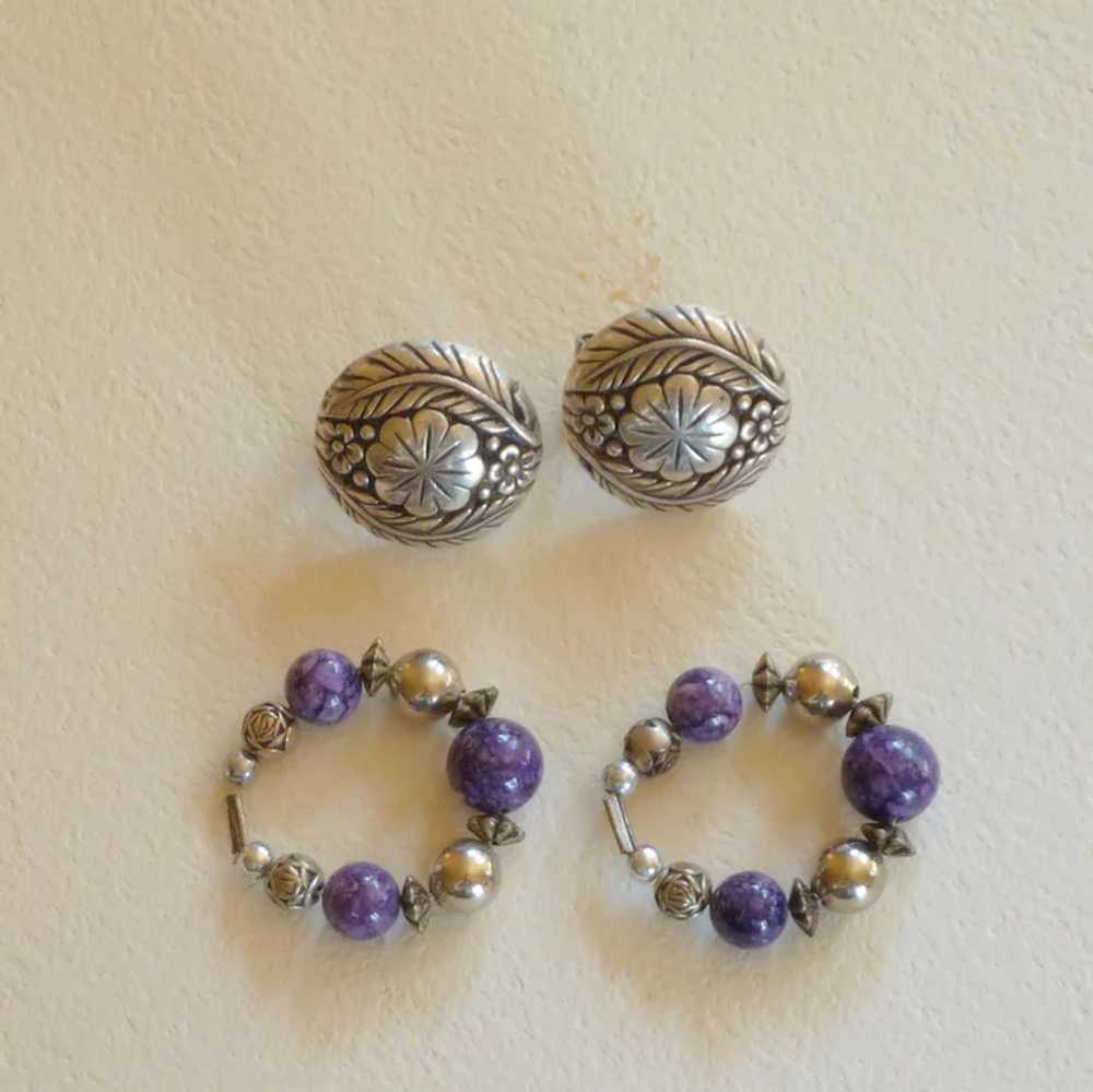 Two Silver Tone Earrings in One with Purple Bead … - image 3