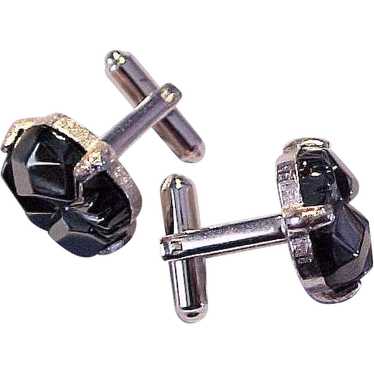 Chunky Black Hematite Silver Tone Set Cufflinks C… - image 1