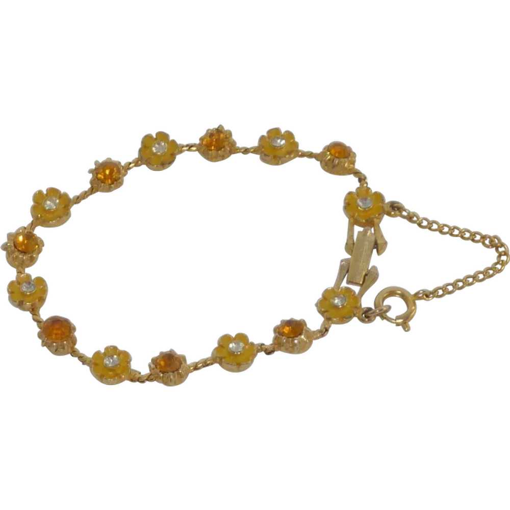 LJM Signed Gold Tone Rhinestone and Daisy Bracelet - image 1