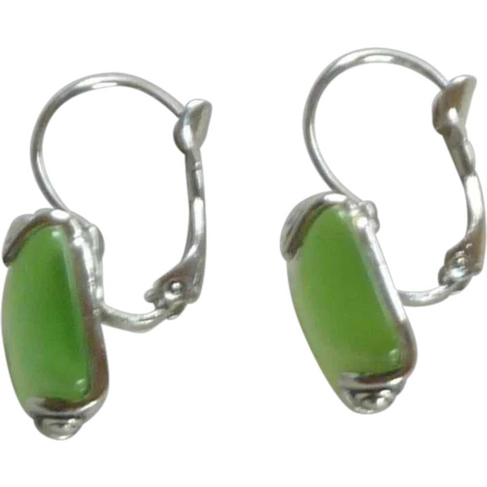 Faux Moonstone Green Silver tone Pierced Earrings - image 1