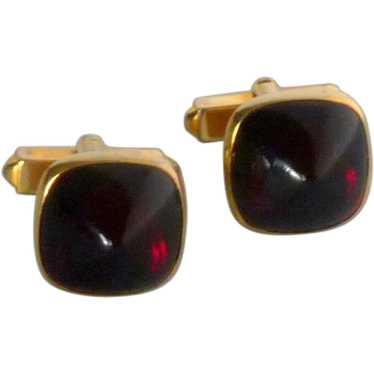 Gold Tone Red Cabochon Faux Stone Cufflinks Cuff … - image 1