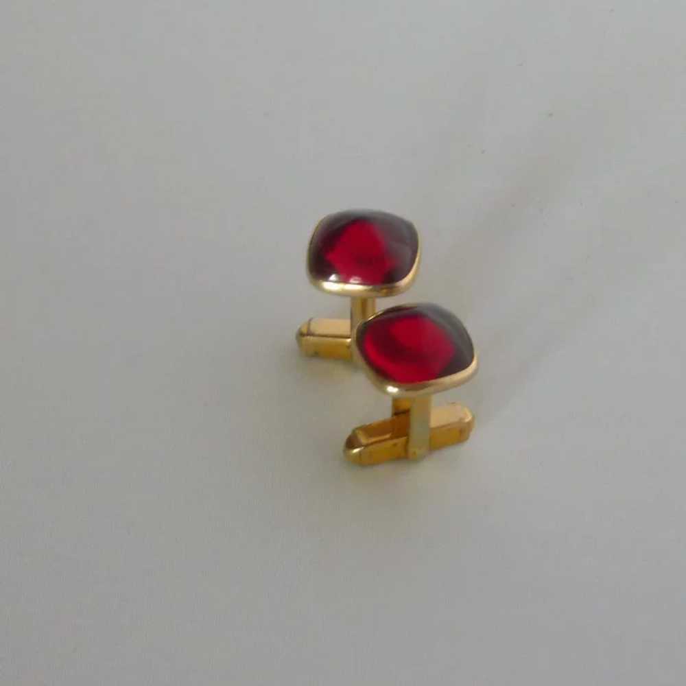 Gold Tone Red Cabochon Faux Stone Cufflinks Cuff … - image 4