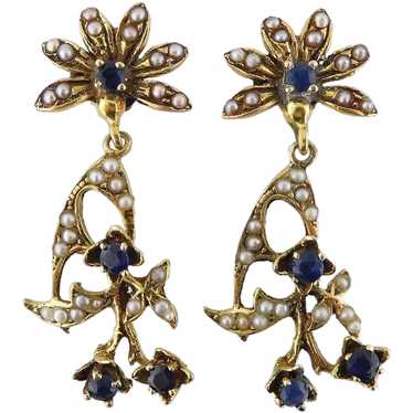 Vintage 14K Yellow Gold, Seed Pearl & Blue Sapphi… - image 1