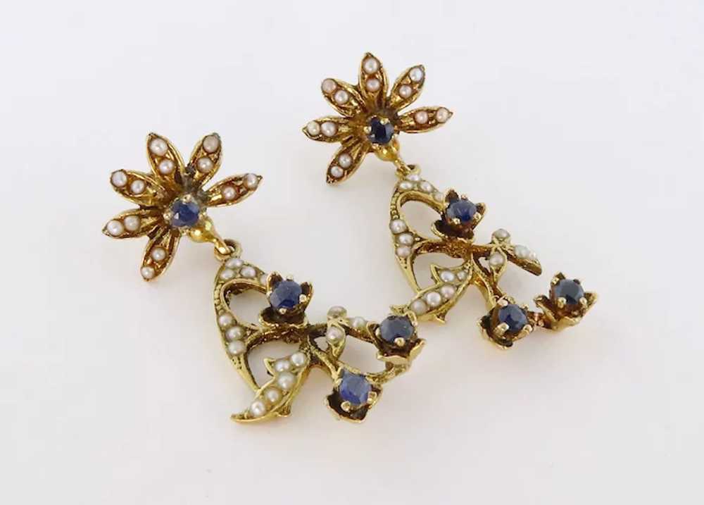 Vintage 14K Yellow Gold, Seed Pearl & Blue Sapphi… - image 3