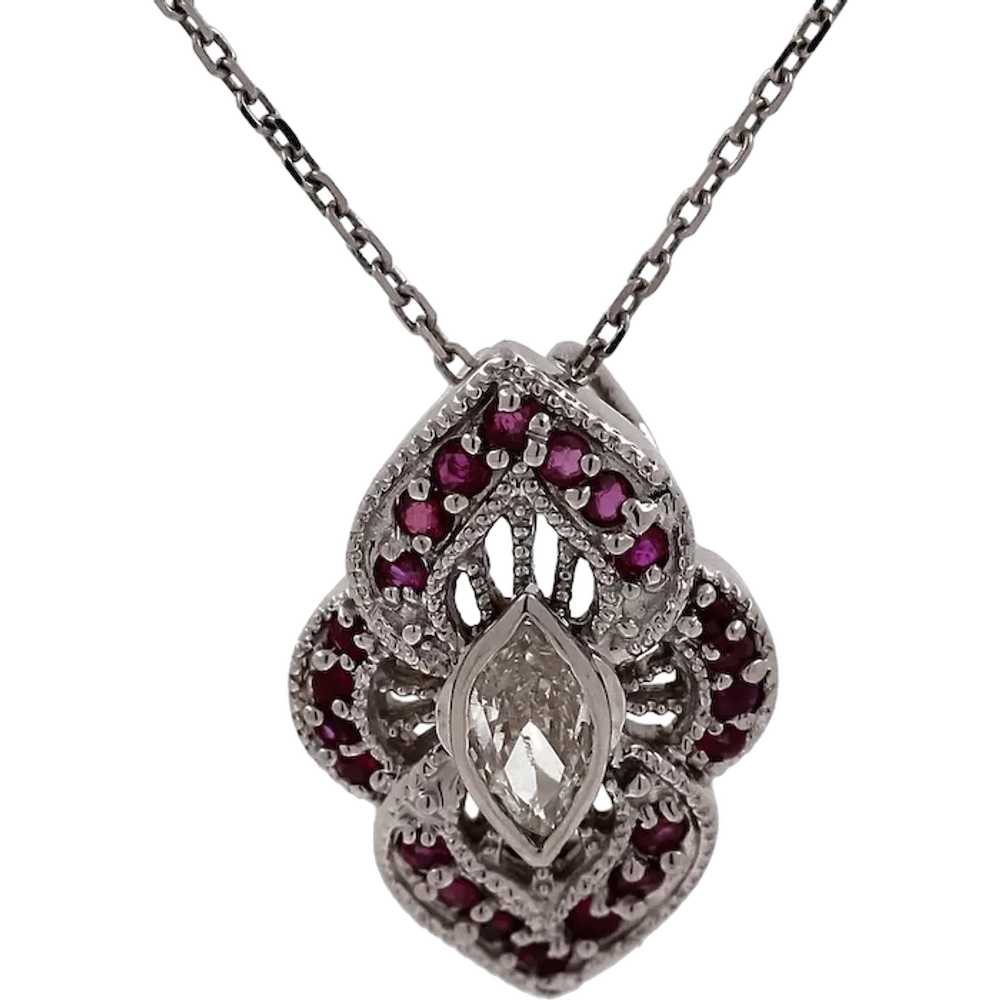 Art Deco Marquise Diamond Ruby Filigree Pendant 1… - image 1