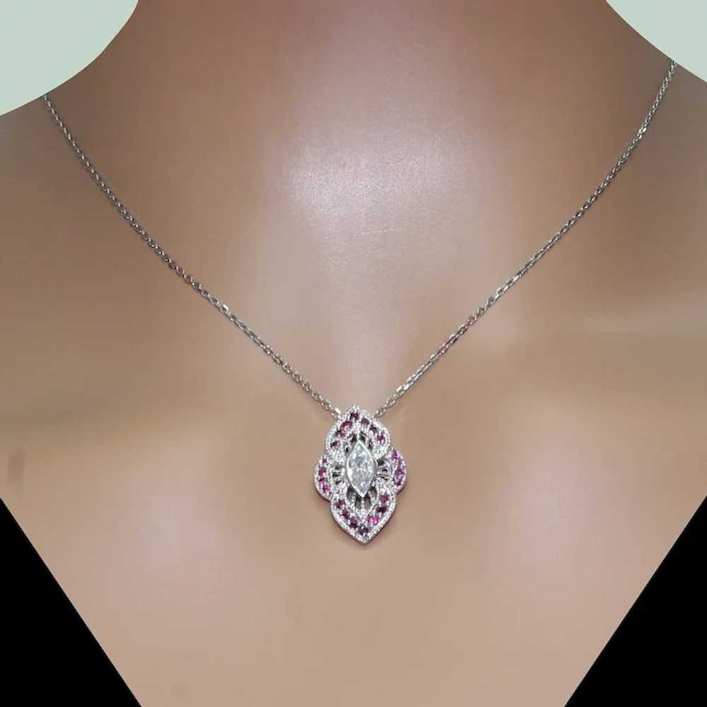 Art Deco Marquise Diamond Ruby Filigree Pendant 1… - image 2