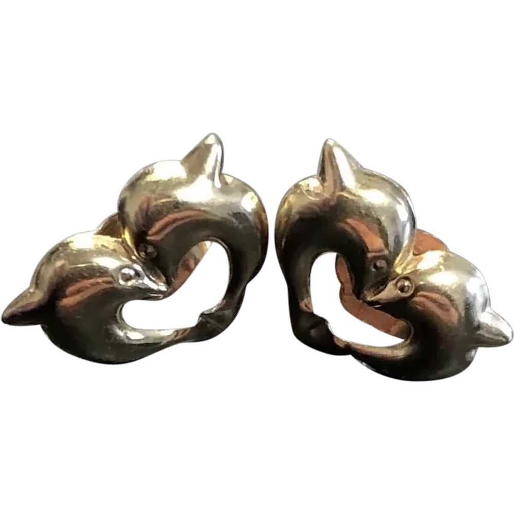 Vintage 14K Gold Two Dolphins Earrings - image 1