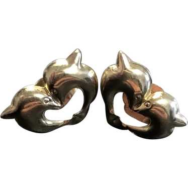 Vintage 14K Gold Two Dolphins Earrings - image 1