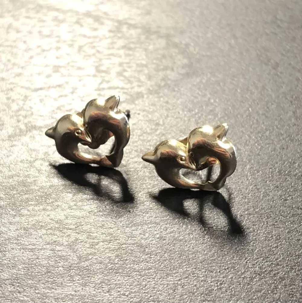 Vintage 14K Gold Two Dolphins Earrings - image 2