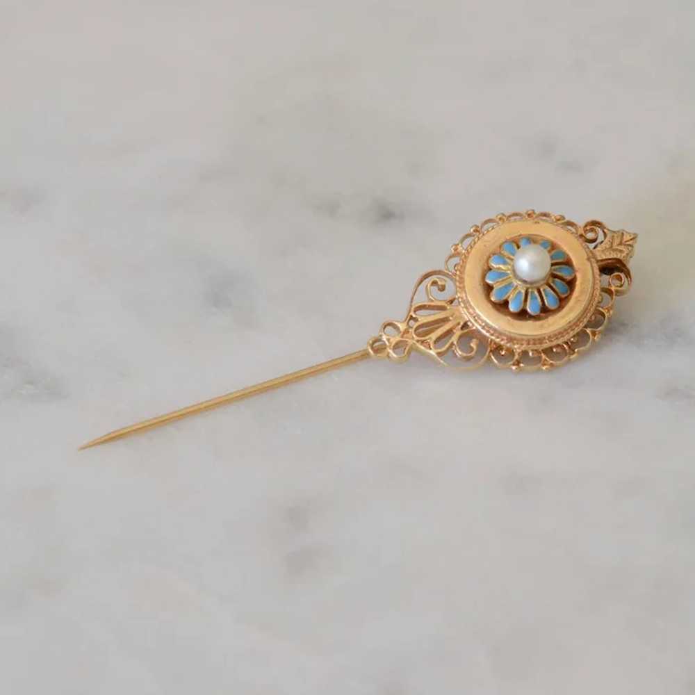 Beautiful 14K Yellow Gold Pearl & Blue Enamel Flo… - image 2