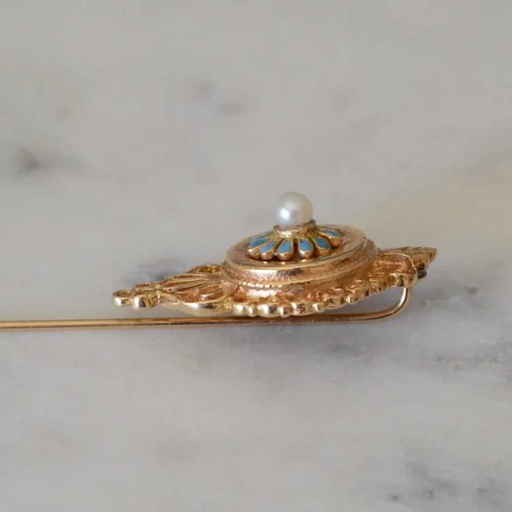 Beautiful 14K Yellow Gold Pearl & Blue Enamel Flo… - image 3