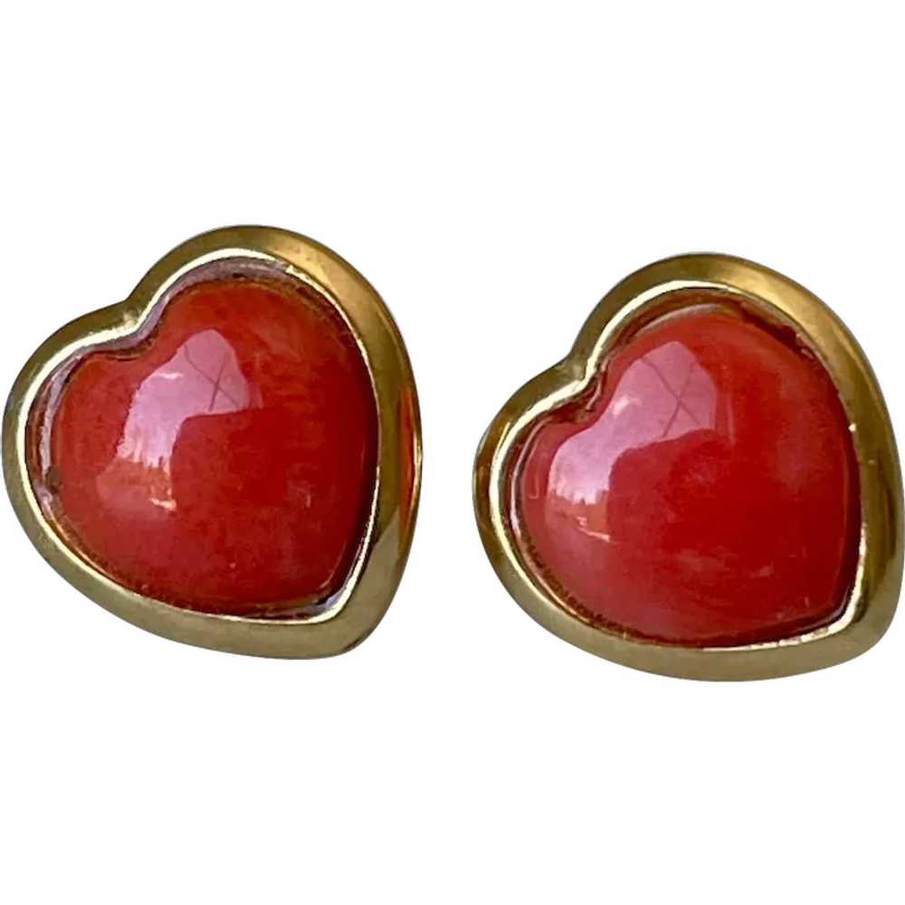 18K Yellow Gold Coral Heart Stud Earrings - image 1