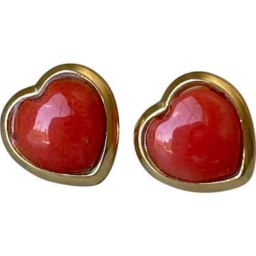 18K Yellow Gold Coral Heart Stud Earrings