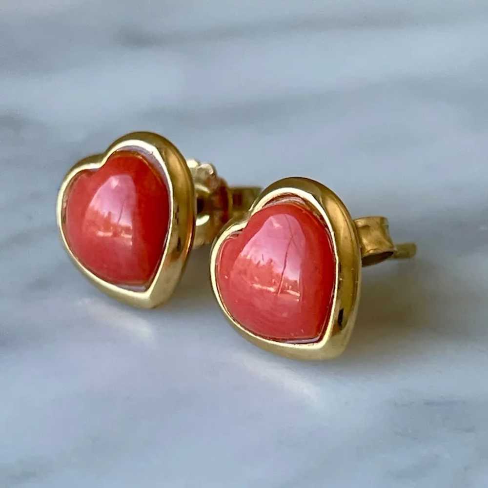 18K Yellow Gold Coral Heart Stud Earrings - image 2