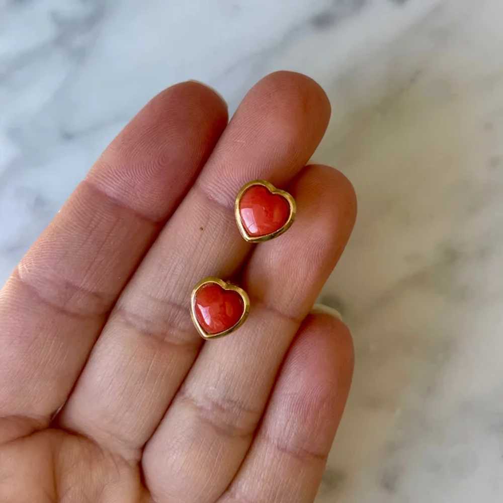 18K Yellow Gold Coral Heart Stud Earrings - image 3