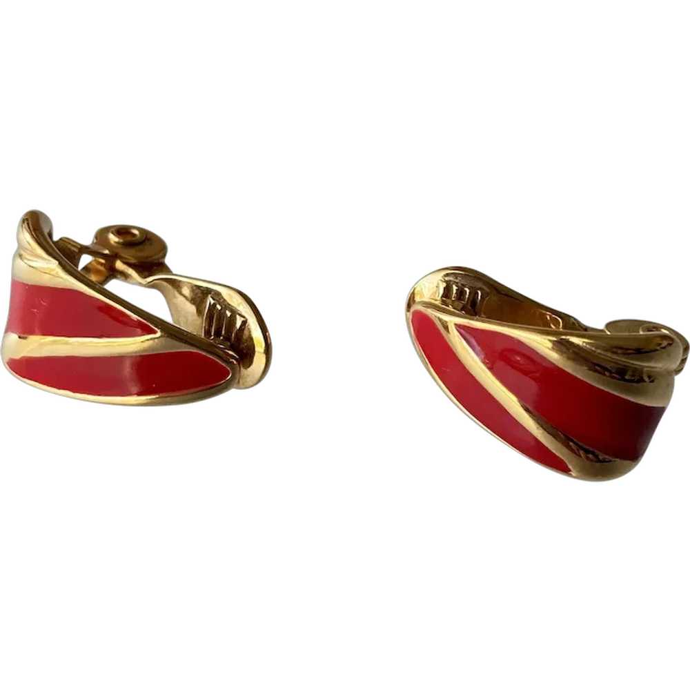 Monet Red Enamel Gold Tone Clip Earrings - image 1