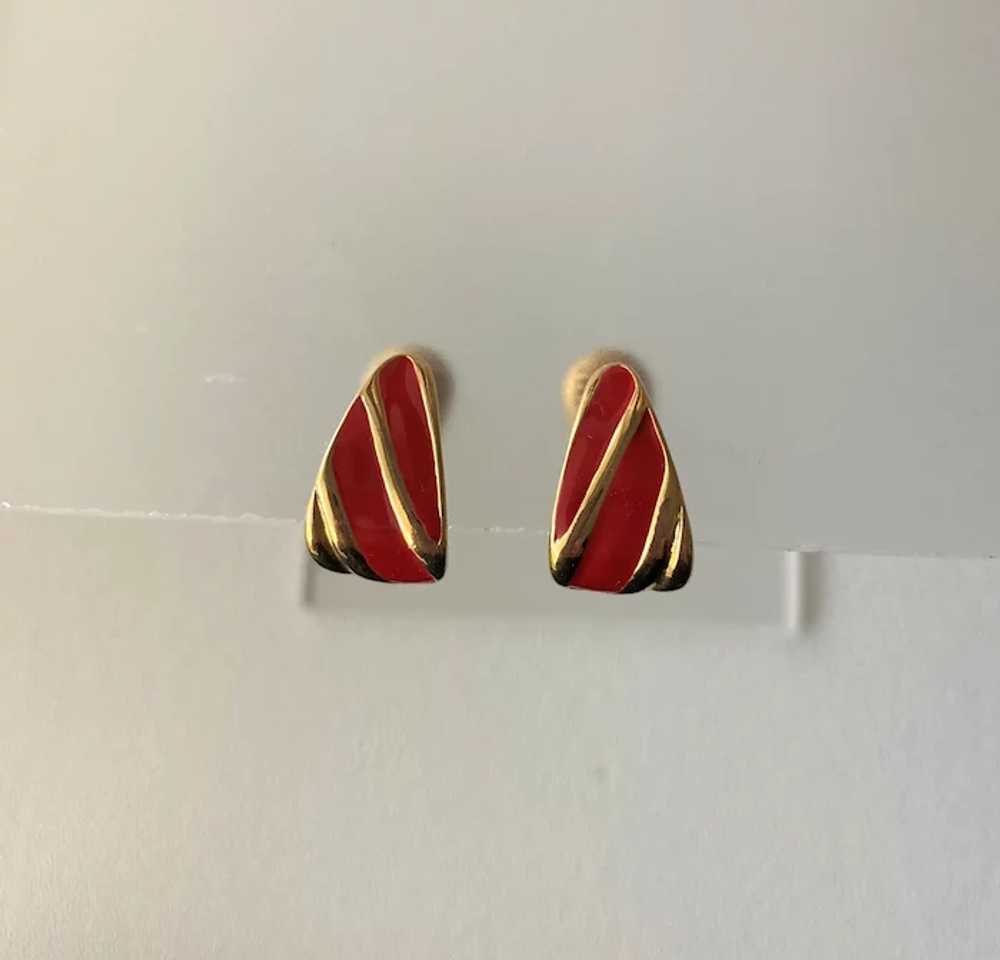 Monet Red Enamel Gold Tone Clip Earrings - image 2