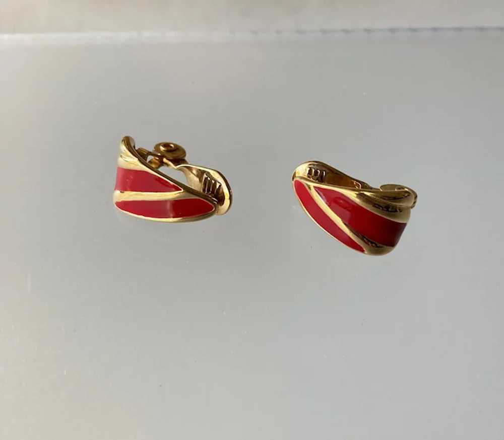 Monet Red Enamel Gold Tone Clip Earrings - image 3