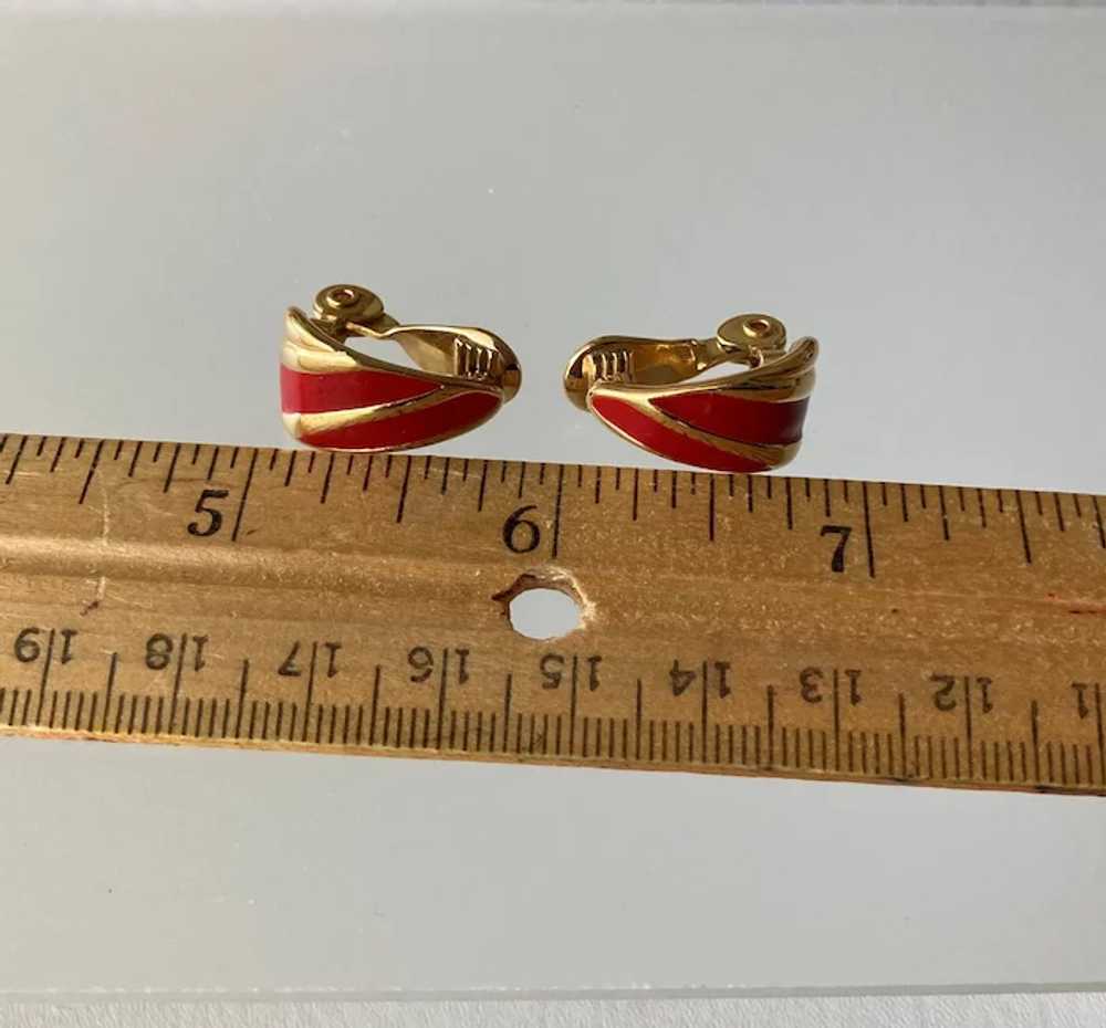 Monet Red Enamel Gold Tone Clip Earrings - image 6
