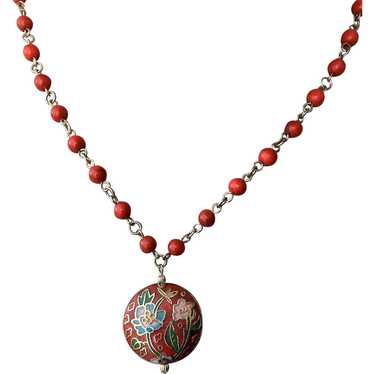 Cloisonne Pendant and Red Beads Link Chain Neckla… - image 1