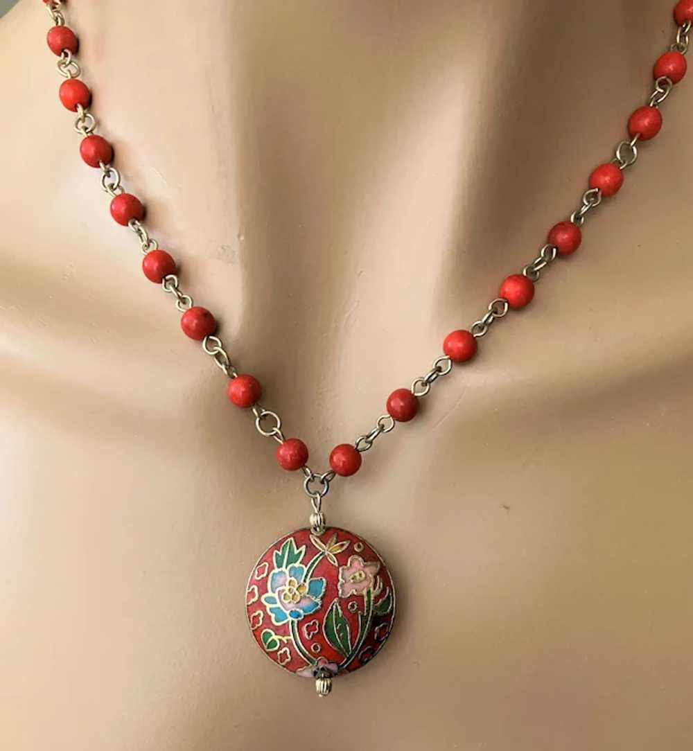 Cloisonne Pendant and Red Beads Link Chain Neckla… - image 2