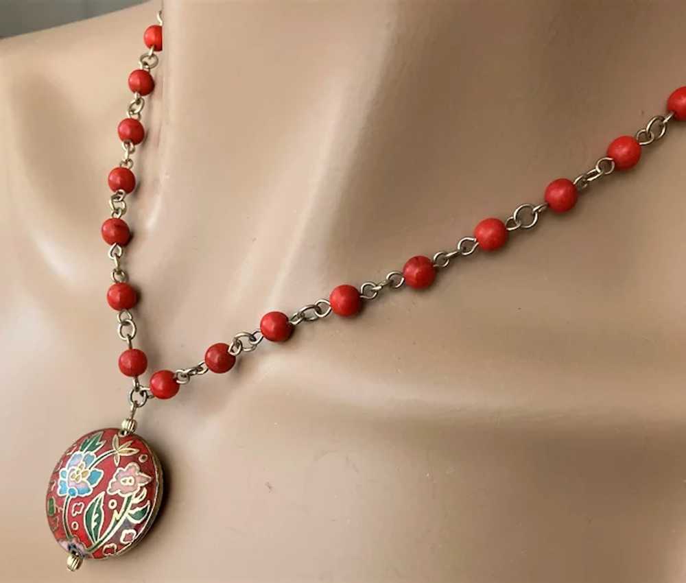Cloisonne Pendant and Red Beads Link Chain Neckla… - image 3