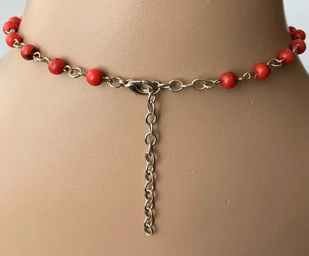 Cloisonne Pendant and Red Beads Link Chain Neckla… - image 4
