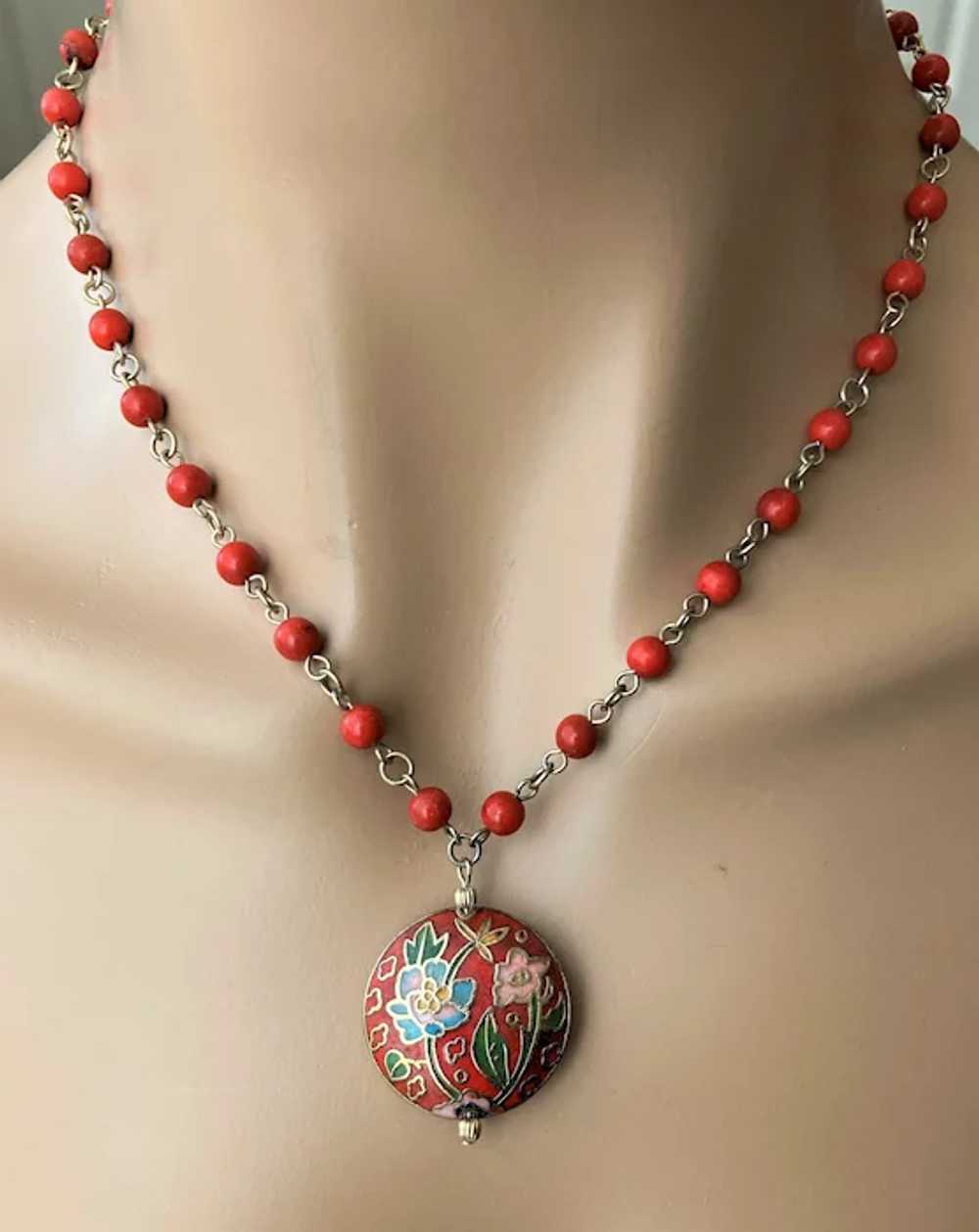 Cloisonne Pendant and Red Beads Link Chain Neckla… - image 5