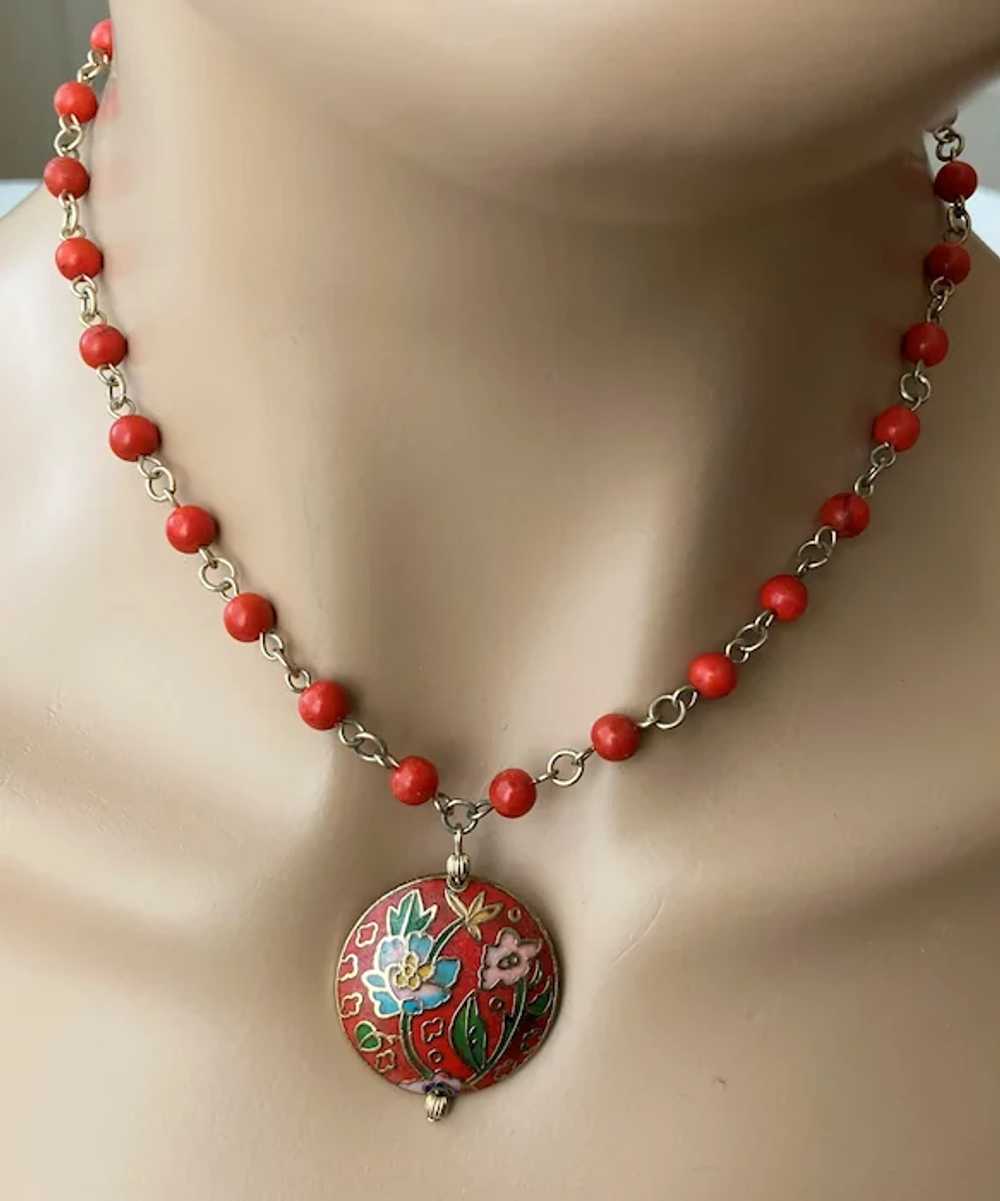 Cloisonne Pendant and Red Beads Link Chain Neckla… - image 7