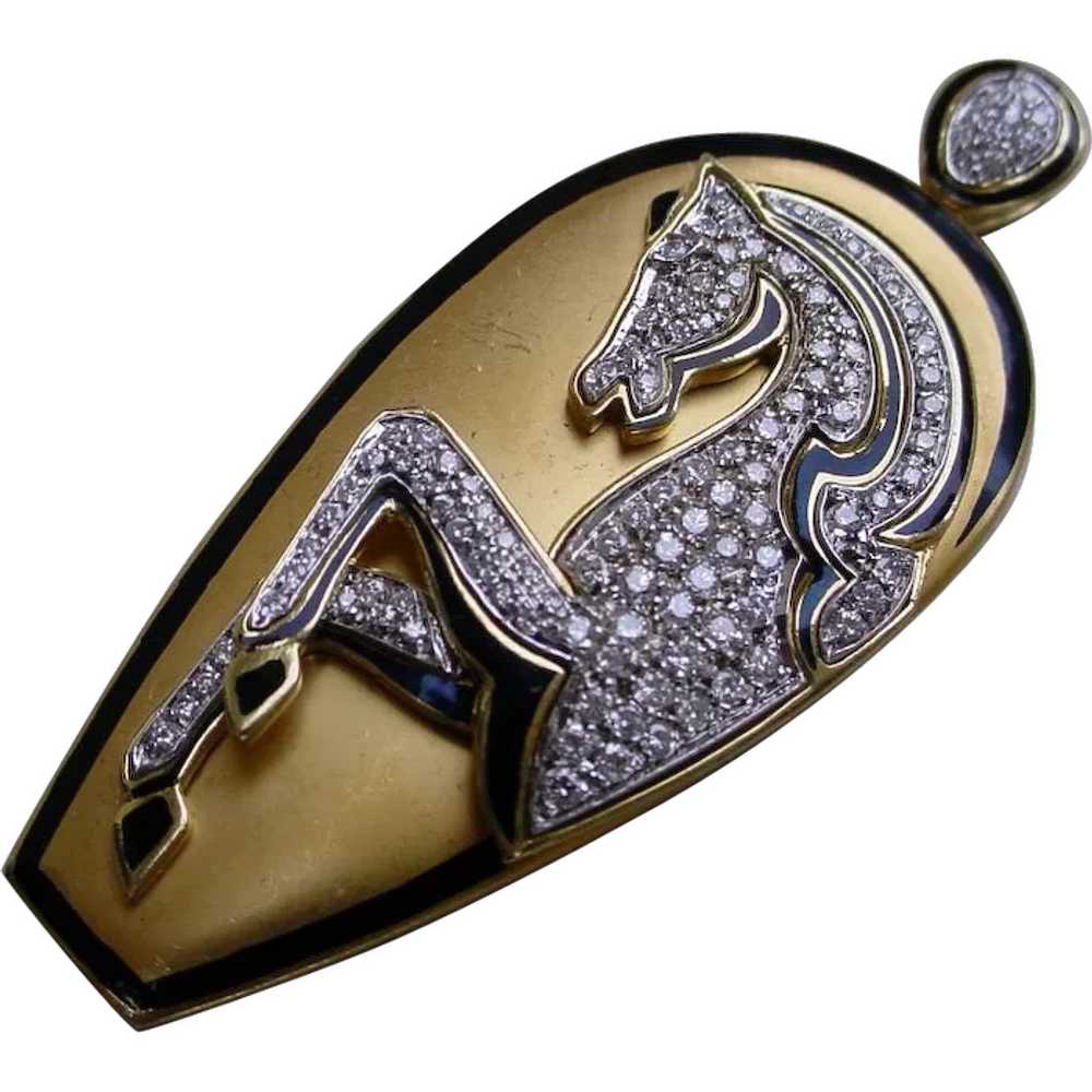 Beautiful 18K Gold Equestrian Motif Pendant, Enam… - image 1