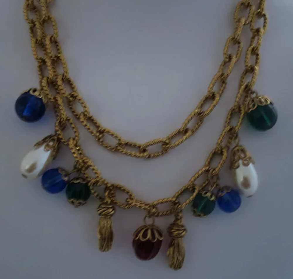 Two Strand Goldtone Link Necklace with Tassel Cha… - image 2