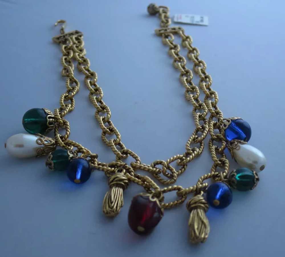 Two Strand Goldtone Link Necklace with Tassel Cha… - image 3