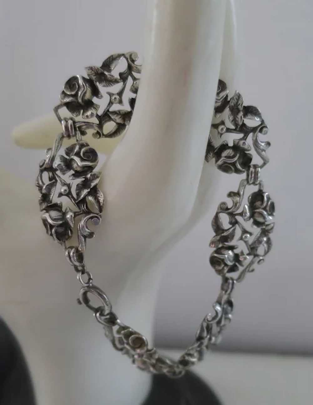 Lovely Signed Silver Roses and Leaves Openwork Li… - image 3