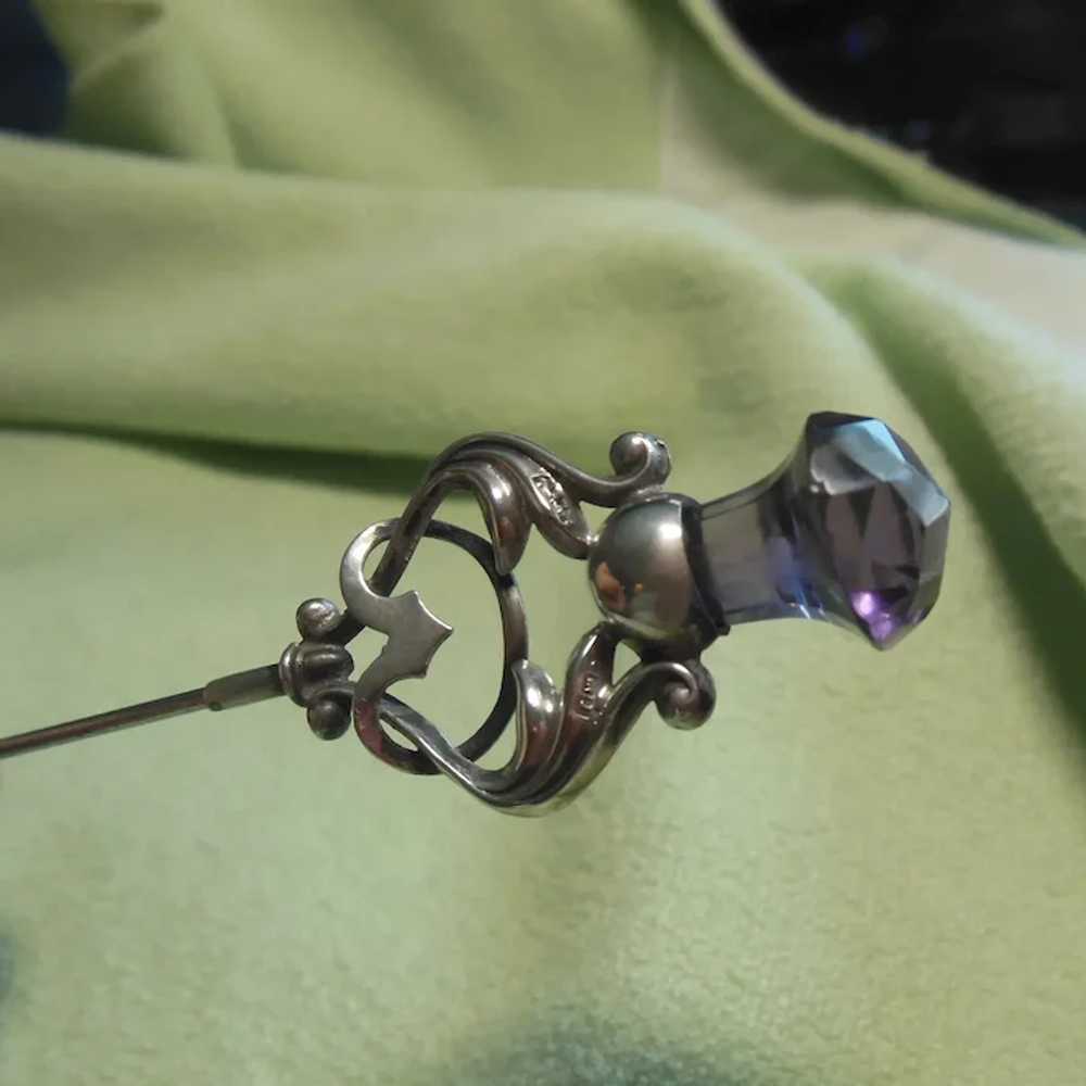 Sterling Silver & Faux Amethyst Hat Pin HM 1910 - image 10
