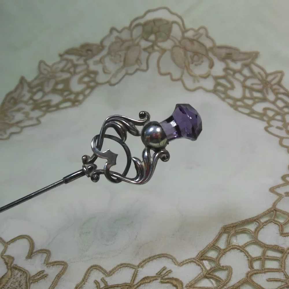 Sterling Silver & Faux Amethyst Hat Pin HM 1910 - image 2