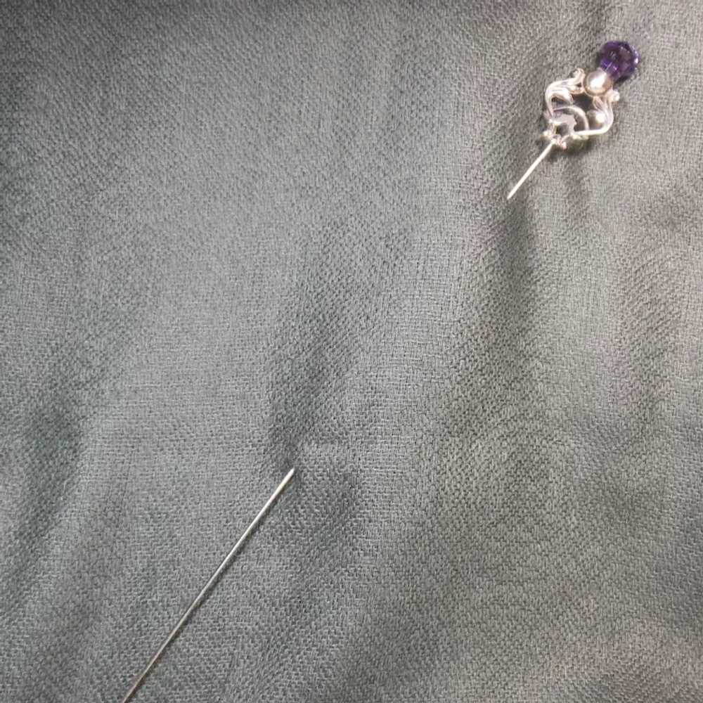 Sterling Silver & Faux Amethyst Hat Pin HM 1910 - image 3